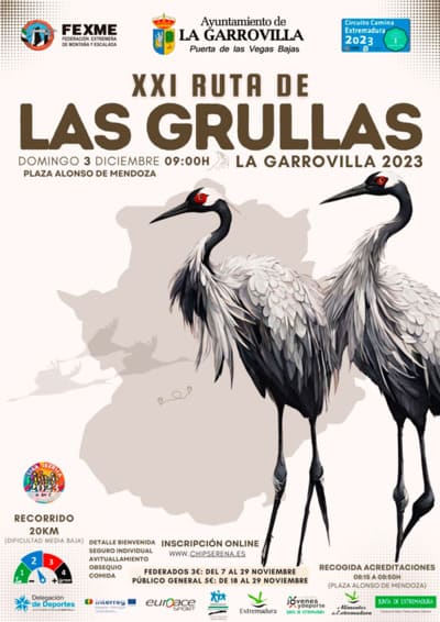 El Ayuntamiento de La Garrovilla se enorgullece de organizar la "XXI Ruta de las Grullas", una emocionante jornada de senderismo.