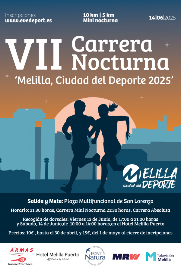El próximo sábado 14 de junio, Melilla volverá a vestirse de deporte y luz con la celebración de la VII Carrera Nocturna Ciudad de Melilla
