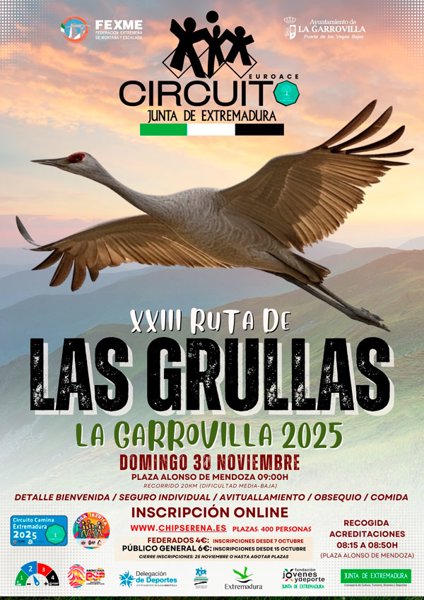 La Garrovilla vuelve a vestirse de otoño y deporte para acoger una de las rutas más emblemáticas de Extremadura: la XXIII Ruta de las Grullas